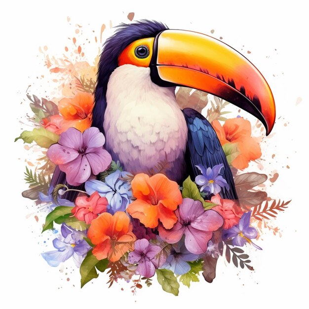 hay un pájaro con un pico colorido sentado en un arreglo floral generativo ai