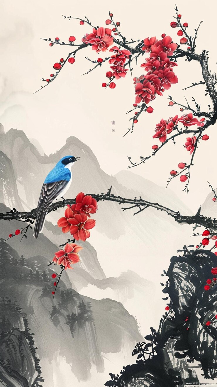hay un pájaro posado en una rama de un árbol con flores rojas ai generativo