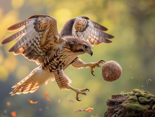 hay un pájaro que está volando con una pelota en su garra generativa ai