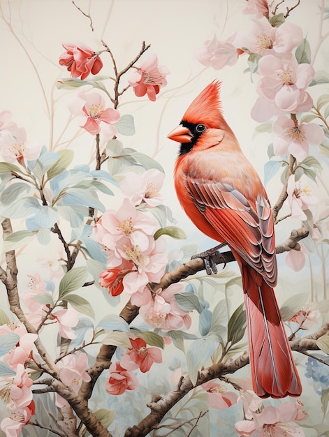 hay un pájaro rojo sentado en una rama de un árbol generativo ai