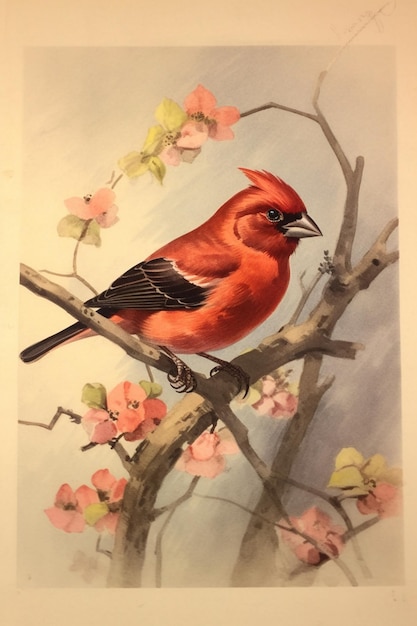 Hay un pájaro rojo sentado en una rama de un árbol generativo ai