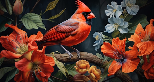 Foto hay un pájaro rojo sentado en una rama con flores generativas ai