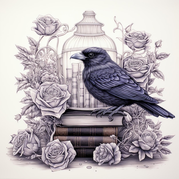 hay un pájaro sentado en un libro con rosas a su alrededor generativo ai
