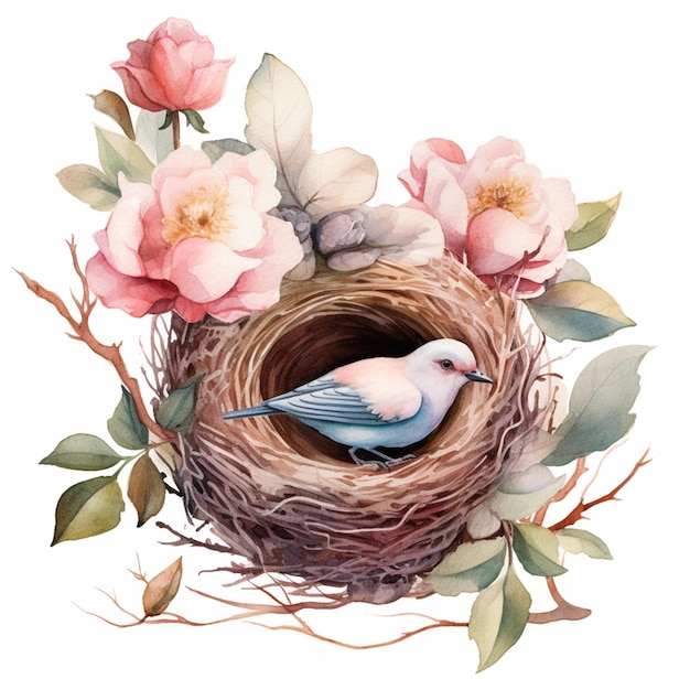 Foto hay un pájaro sentado en un nido con flores en él generativo ai