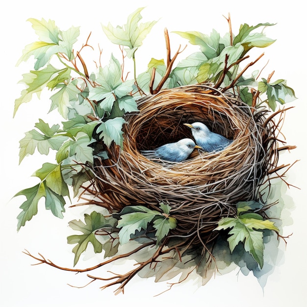 hay un pájaro sentado en un nido con hojas en él generativo ai