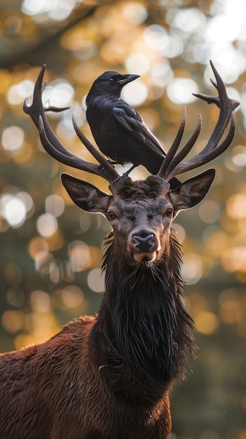 Foto hay un pájaro sentado en la parte superior de una cabeza de ciervo generativo ai