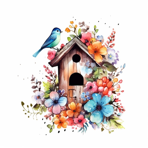 hay un pájaro sentado en la parte superior de una casa de pájaros con flores generativas ai