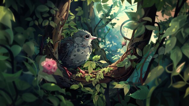 hay un pájaro sentado en una rama en el medio de un bosque generativo ai