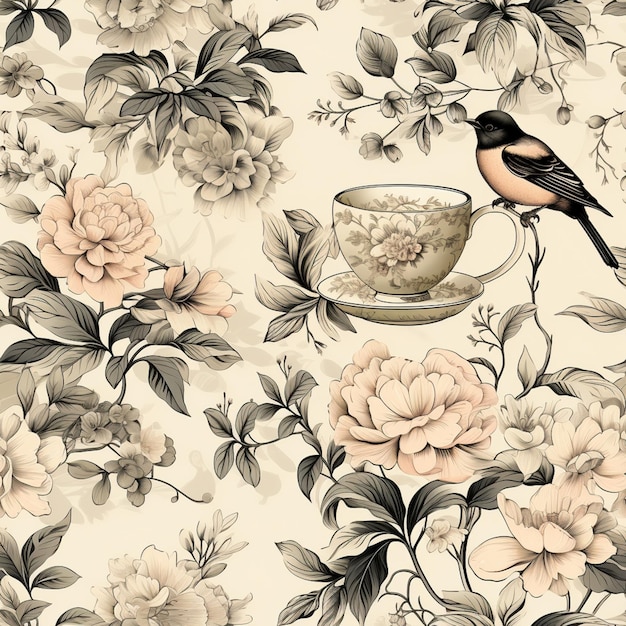 Foto hay un pájaro sentado en una taza de té con flores generativo ai