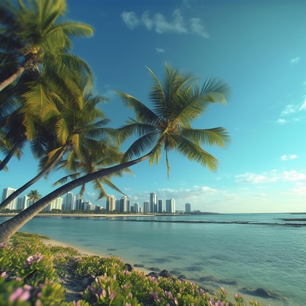 hay palmeras en la playa con una ciudad en el fondo generativo ai