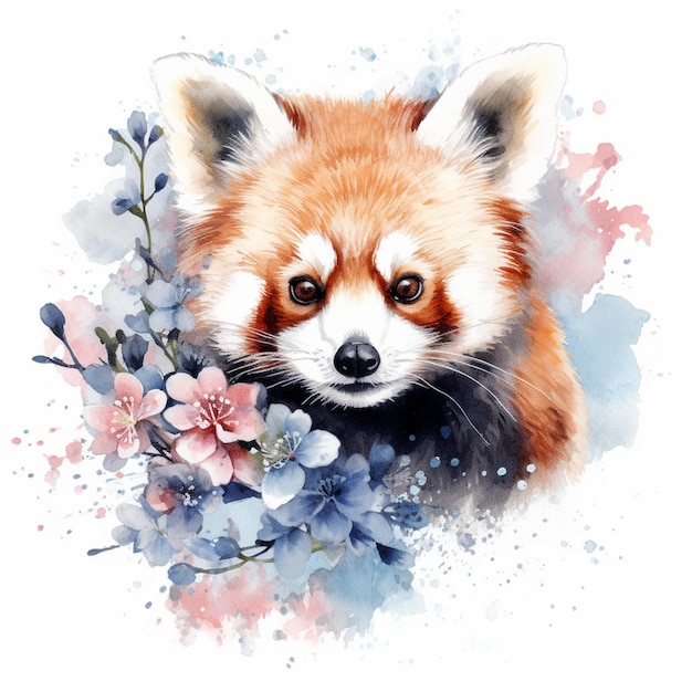 Hay un panda rojo con flores en la cabeza ai generativo.