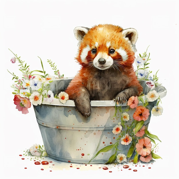 Hay un panda rojo sentado en un balde con flores generativas ai.