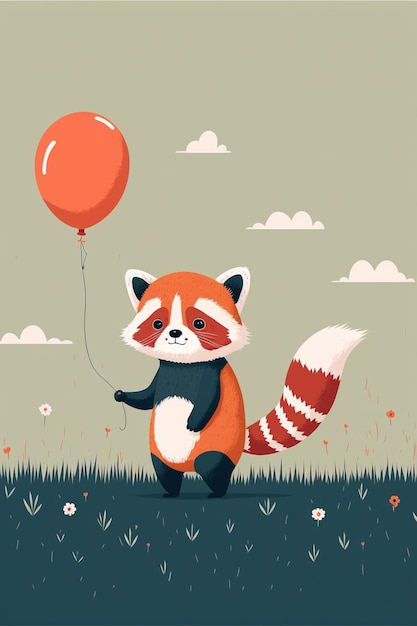 hay un panda rojo sosteniendo un globo rojo en un campo generativo ai