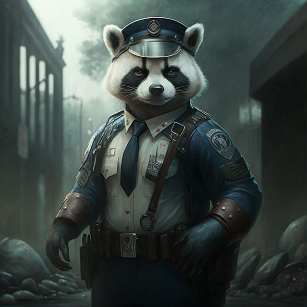 Hay un panda vestido con un uniforme de policía de pie en una calle generativa ai