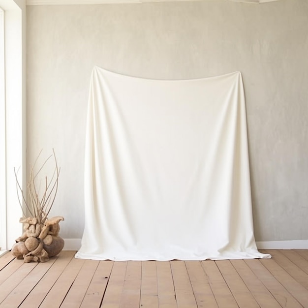 Foto hay un paño blanco drapeado sobre un suelo de madera generativo ai