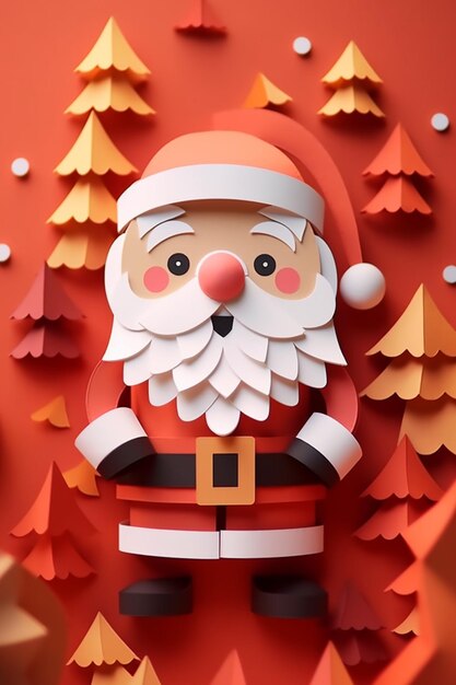 Hay un Papel Cortado Santa Claus de pie frente a un árbol de Navidad generativo ai