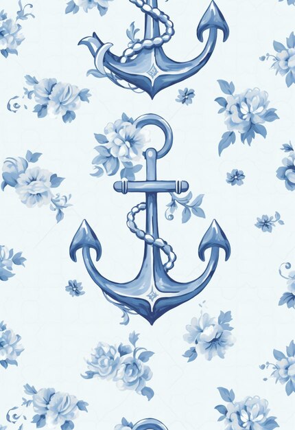 Foto hay un papel tapiz floral azul y blanco con un ancla generativo ai