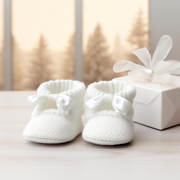 hay un par blanco de zapatos para bebés al lado de una caja de regalos generativa ai