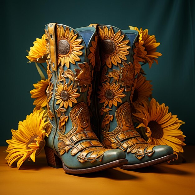 hay un par de botas con girasoles en el lado generativo ai