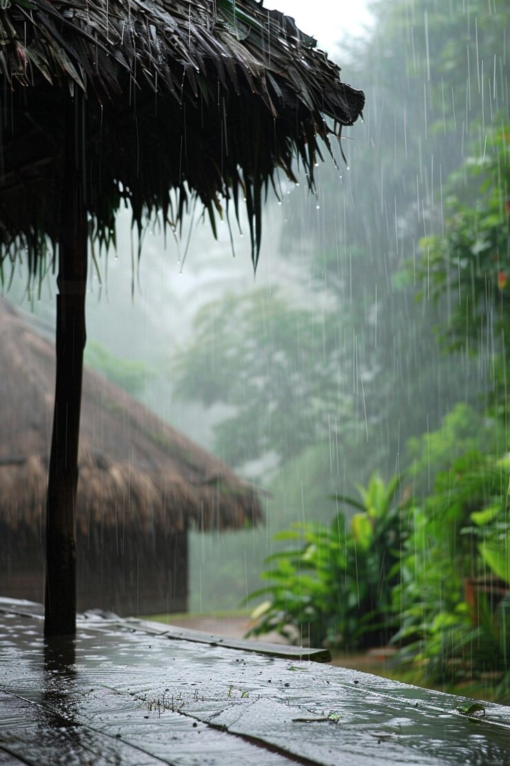 hay un paraguas que está sentado en una mesa en la lluvia generativo ai