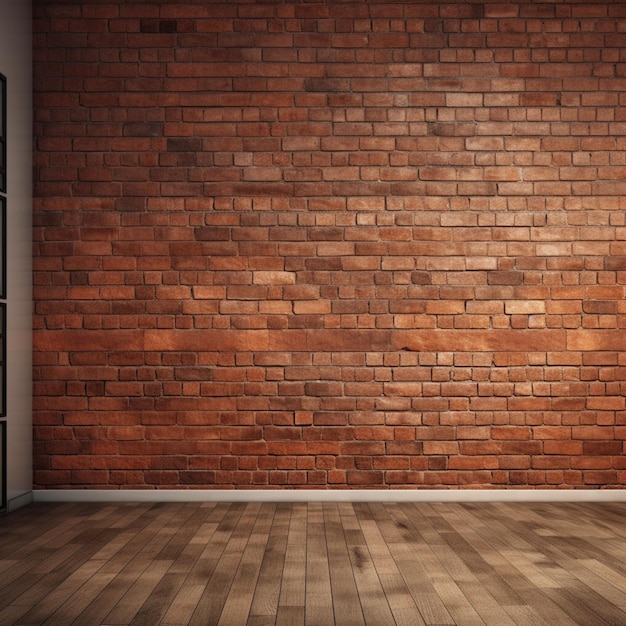 Hay una pared de ladrillo en una habitación con un piso de madera generativo ai