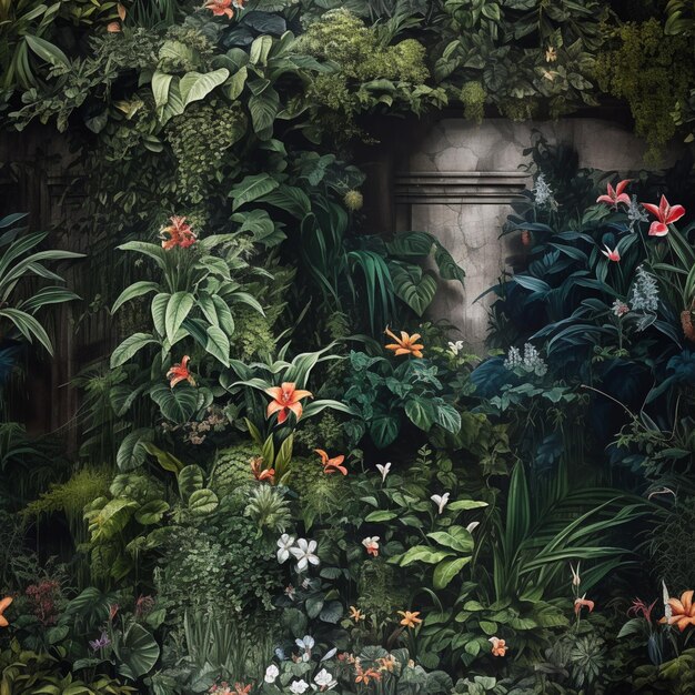 Foto hay una pared de plantas y flores con una puerta de piedra ai generativa