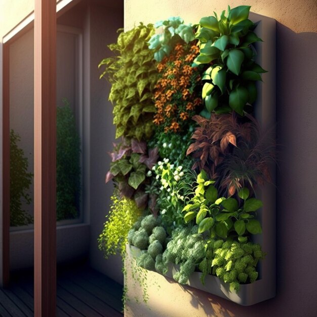 hay una pared de plantas en el lado de un edificio generativo ai