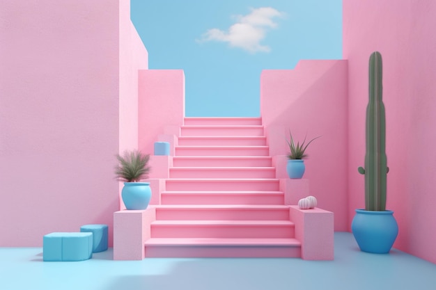 Foto hay una pared rosa con una planta de cactus y una escalera generativa ai