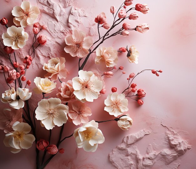 hay una pared rosa con un ramo de flores en ella generativo ai