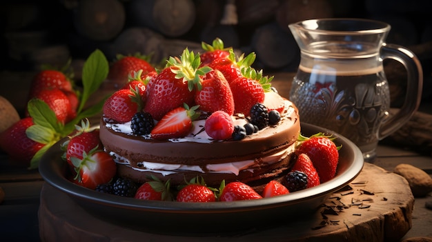 hay un pastel de chocolate con fresas y moras en un plato IA generativa