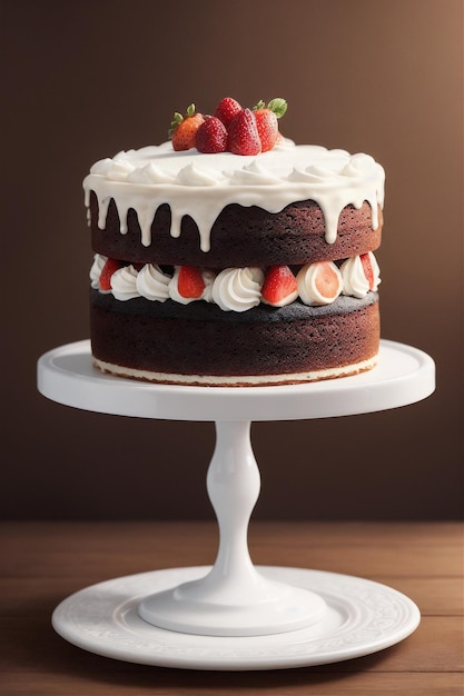 hay un pastel de chocolate con glaseado blanco y fresas en la parte superior