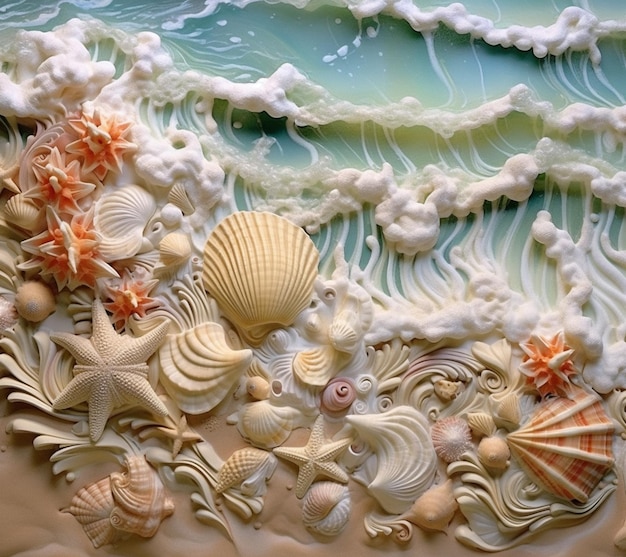 Hay un pastel con conchas y conchas marinas en él generativo ai
