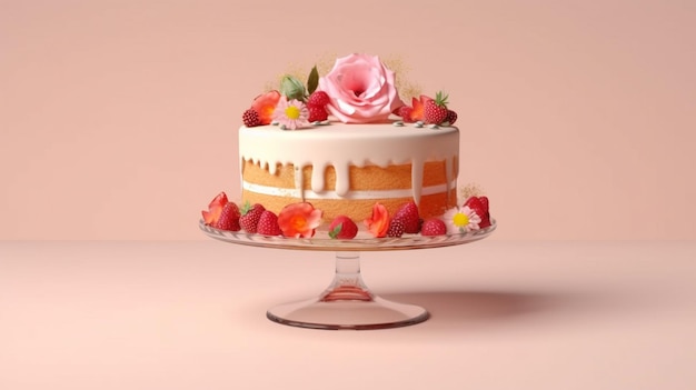 Hay un pastel con fresas y rosas rosadas en él ai generativo.