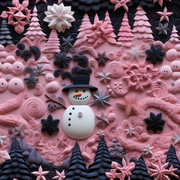 hay un pastel con un muñeco de nieve y decoraciones en él generativo ai