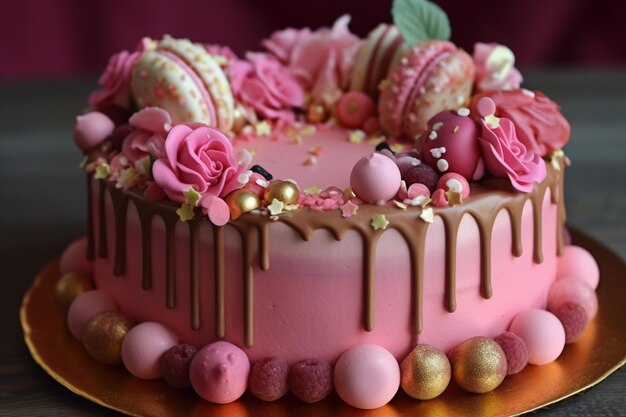 Hay un pastel rosa con gotas de chocolate y flores rosas ai generativo.