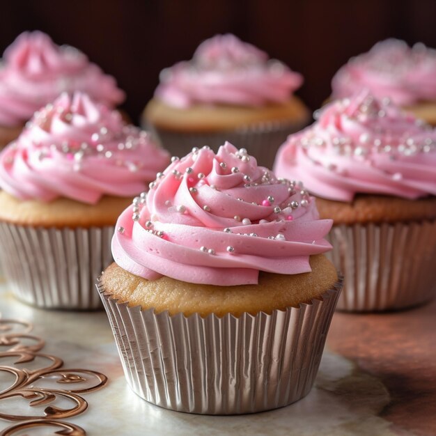 Hay pasteles con glaseado rosado y glaseado plateado en una mesa generativa ai