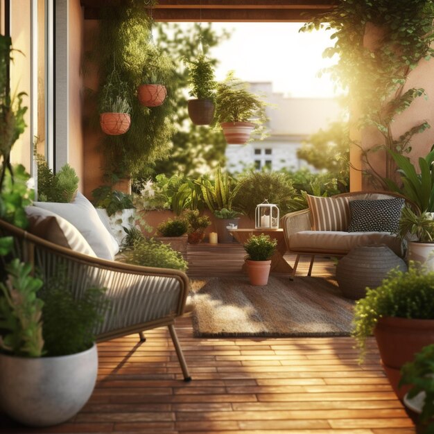 Foto hay un patio con muchas plantas y un sofá generativo ai