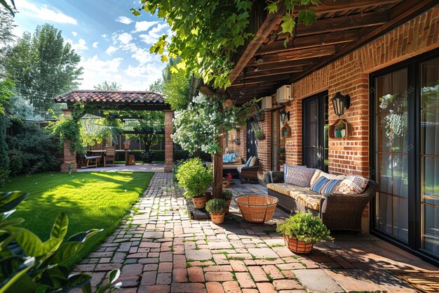 hay un patio con un sofá y una mesa en el medio de ella generativo ai