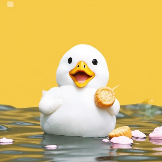 Foto hay un pato blanco con una galleta en la mano generativa ai