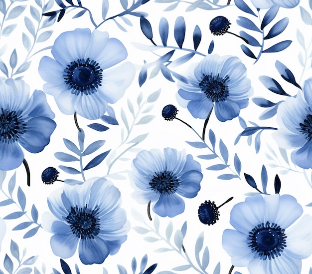 Foto hay un patrón de flor azul en un fondo blanco generativo ai