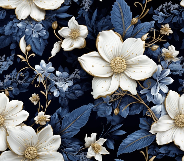 hay un patrón floral azul y blanco con acentos dorados generativo ai