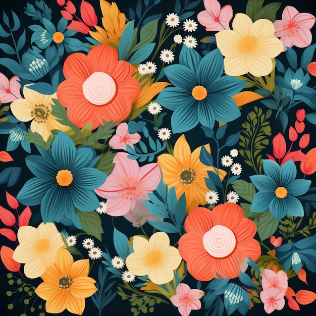 Hay un patrón floral colorido con muchas flores diferentes ai generativo.