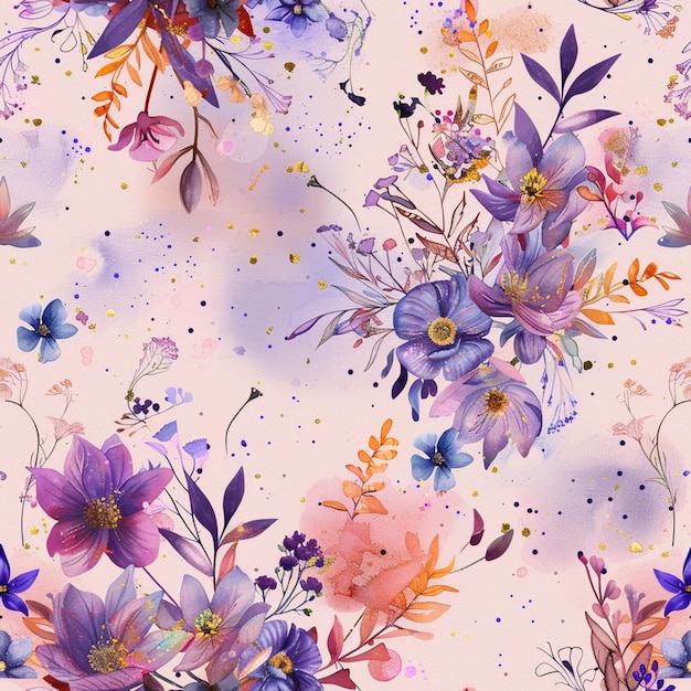 hay un patrón floral con flores púrpuras y azules en un fondo rosa generativo ai