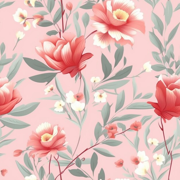 Hay un patrón de flores rosas con hojas verdes y flores generativas ai.
