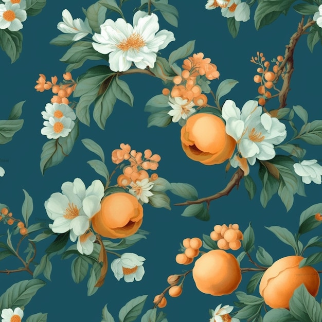 Hay un patrón de naranjas y flores blancas sobre un fondo azul generativo ai