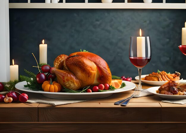 hay un pavo en un plato con una copa de vino.