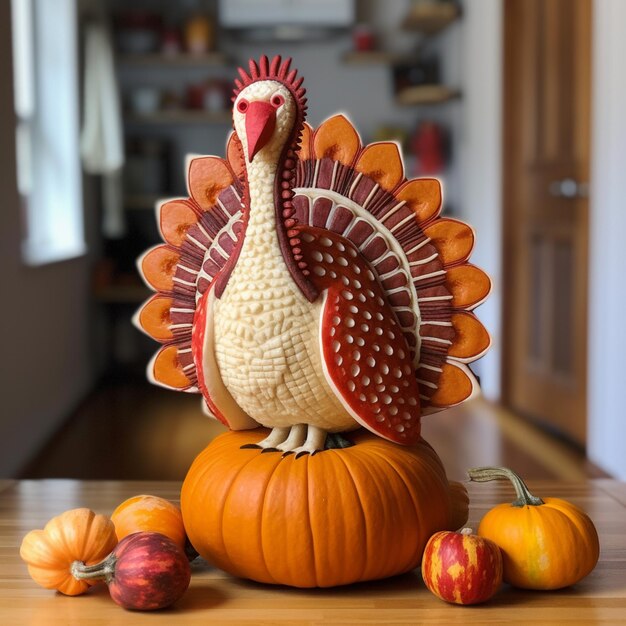 hay un pavo sentado encima de una calabaza en una mesa generativa ai