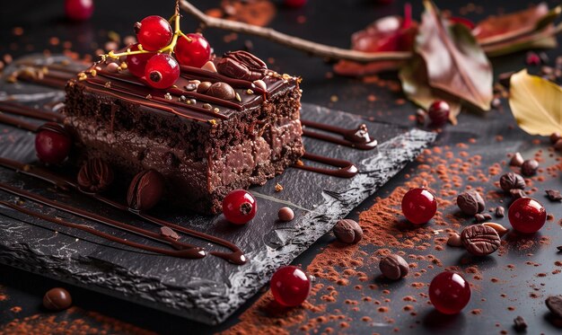 Hay un pedazo de pastel de chocolate con cerezas en un tablero de pizarra generativo ai