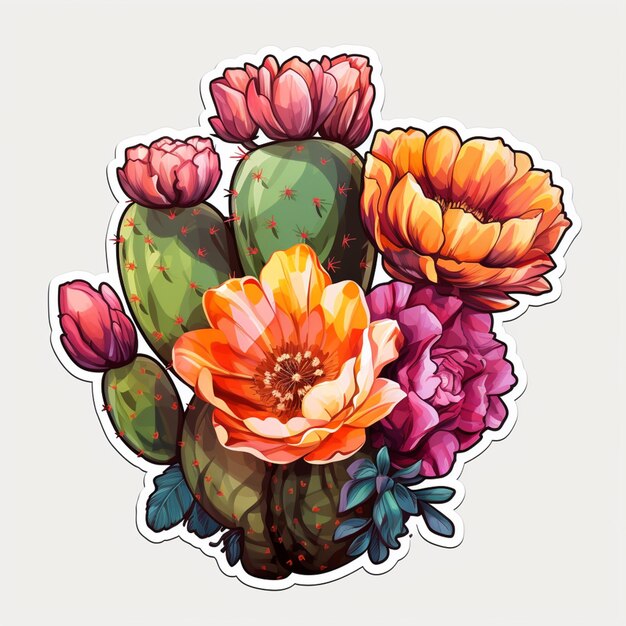 Foto hay una pegatina de un cactus con flores en ella generativa ai