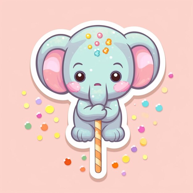 Foto hay una pegatina de un elefante con un caramelo ai generativo